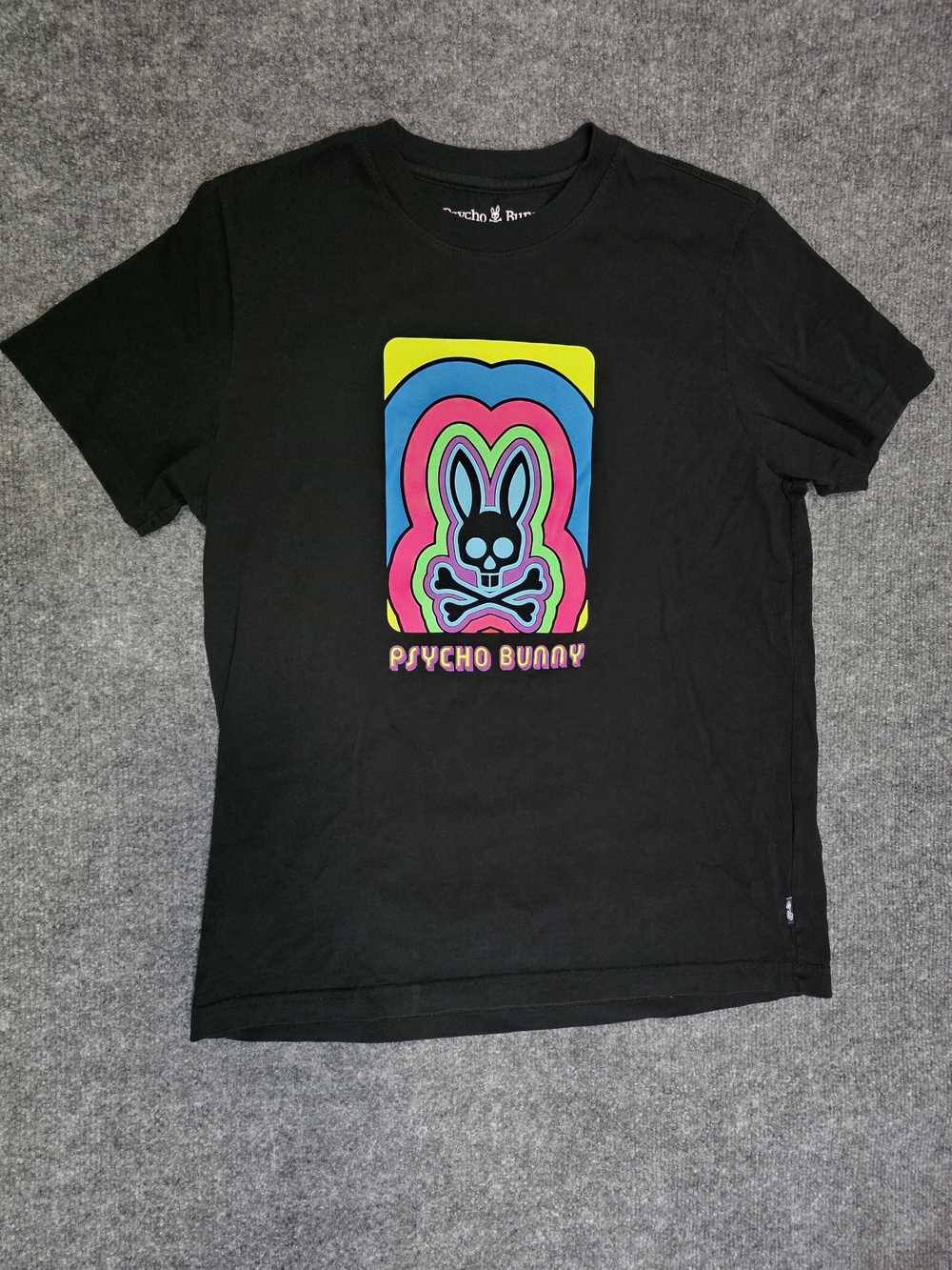 Psycho Bunny Men's Small Black Graphic Tee - Neon Bunny Logo